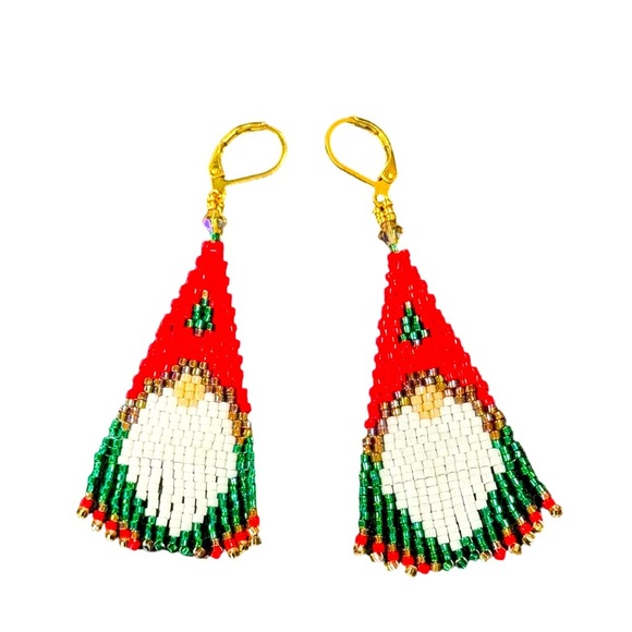 Festive Hand Crafted Gnome Earrings with Christmas Tree Motif Lever Back Closure - Picture 1 of 4